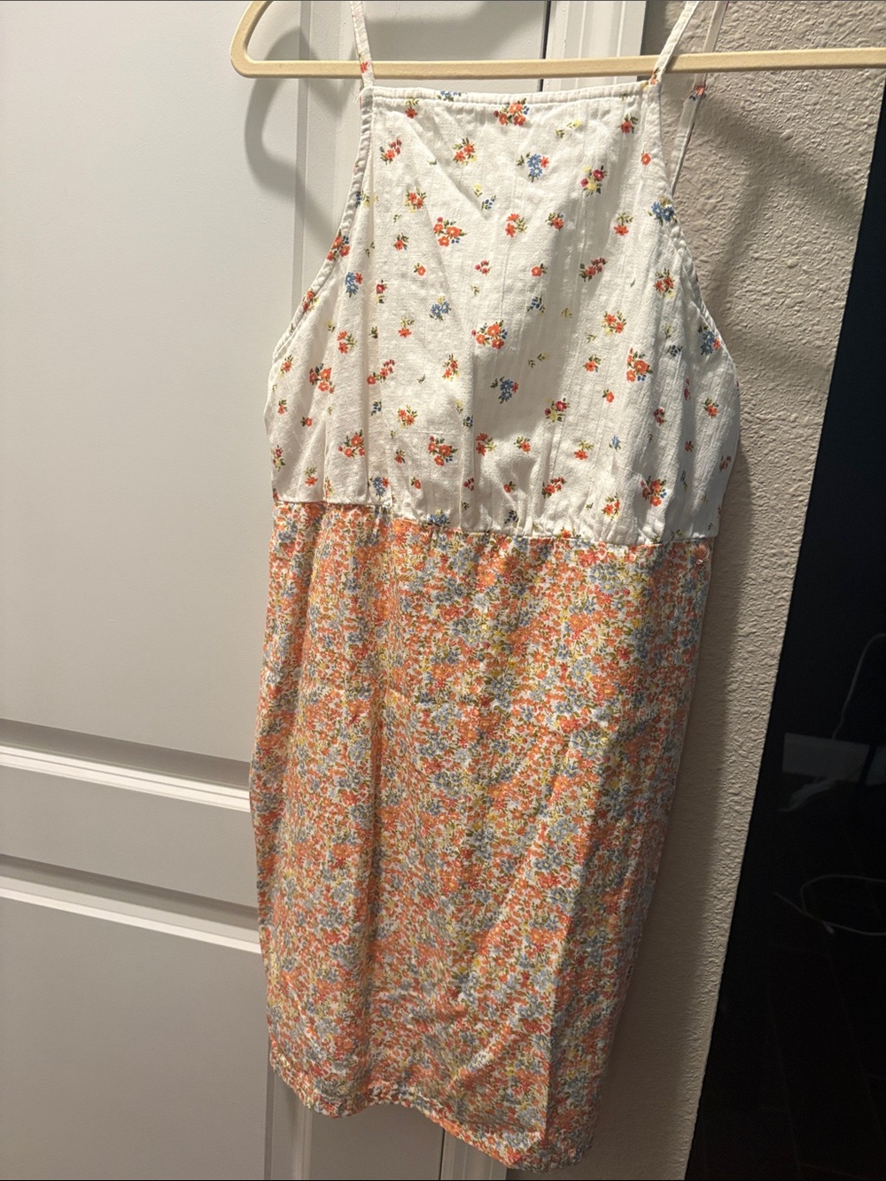 American Eagle Outfitters White Floral Midi Dress with Orange and Blue Print